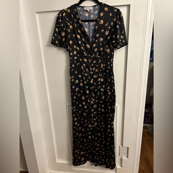 Never Fully Dressed Celestial Satin Moon Star Sun Button Up Maxi Dress Size 4 - Picture 2 of 8